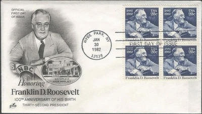 Scott 1950 FDC with Block of 4 - 20 cent - 1982 - Franklin D. Roosevelt - FDOI - Image 1 of 2