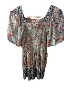 ANGIE Boho Hippie Romper Womens Blue Floral UniShorts Stretch Bodice XLarge - Picture 1 of 5