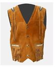 Men American Suede Leather Western Style Cowboy Vest Fringed & Beaded Waistcoat