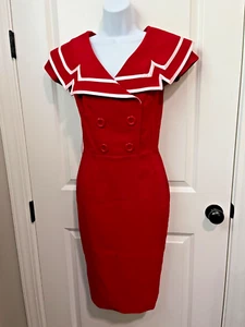 Bettie Page kleines rotes Matrosen Wackel Kleid Zickzack Kragen Knopf Retro Rockabilly - Bild 1 von 12