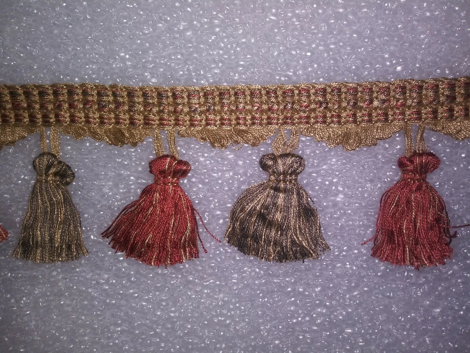6 yardas FRANJA BORLA 3" Rojo/Taupe/Beige Tapicería Cortina Tela Borde  Foto 1 de 1