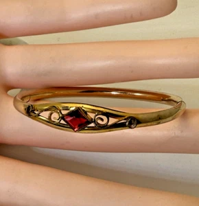 Victorian Gold Filled Kiddie Kraft Childs Bangle Bracelet With Faux Garnet Stone - Picture 1 of 9