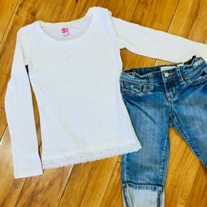 Denim long shorts and white lace bottom long sleeve tee shirt top -- school 8 - Picture 1 of 6