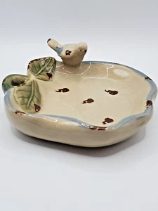 Glazed Pottery Terra Bird Feeder Dish Trinket Handmade Strawberry with Bird - Picture 1 of 9