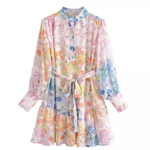 Frühling Damen süß Blumendruck Kleid Stehkragen Laternenärmel Rüschenrock - Bild 1 von 13