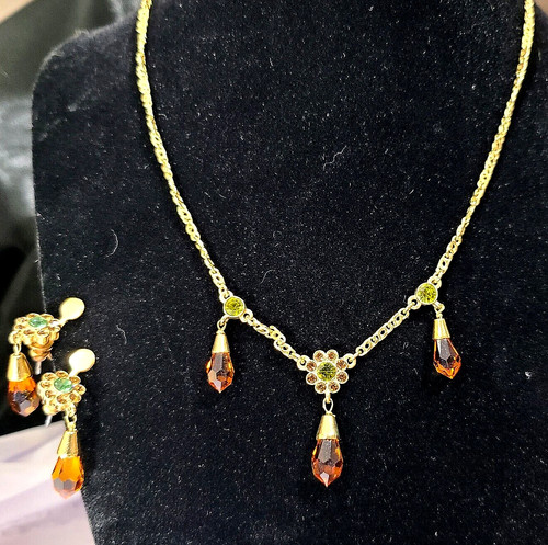Set collana e orecchini vintage Givenchy cristallo ambra verde