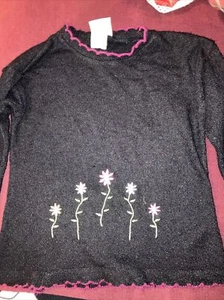 Girl’s Plaid Moose Black Flower, Med 5/6 Embroidered Sweater - Picture 1 of 22