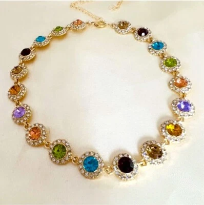 14K Gold Plated Rhinestones Multicolor Necklace Stainless Steel Jewelry Womens - Image 1 of 4