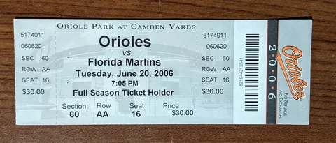Miami Florida Marlins 2006 Ticket 06-20-06 vs Baltimore Orioles Camden Yards L1 Cover