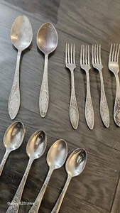 VTG 9 Pcs Soviet Russian Silver Plated Cupronickel Melchior Spoons & Forks  - Picture 1 of 12