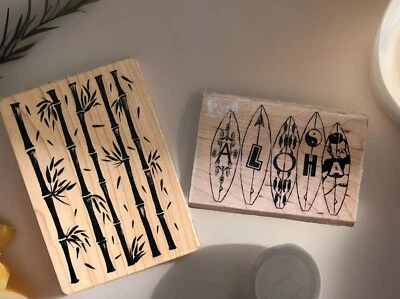 Lote de 2 estampillas de goma tropical tablas de surf tablas de surf ALOHA y hojas de bambú Grove Foto 1 de 4