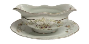 Limoges Style Gravy Boat with attached plate Porcelain Floral pattern - Picture 1 of 11