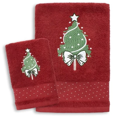 Asciugamani Natalizi Bagno set 1+1 in Spugna di Cotone Decoro Natale Abete 7148 - Immagine 1 di 4