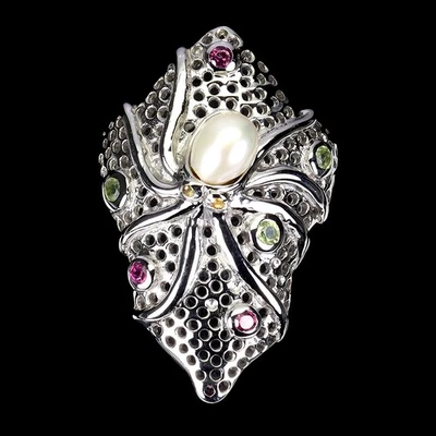 925 Sterling Silver Ring Round Peridot Rhodolite Sapphire Pearl Octopus Gemstone - Image 1 of 4