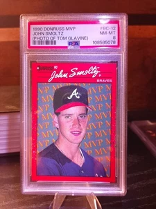 1990 Donruss MVP John Smoltz ERROR #BC-12 Tom Glavine Pictured PSA 8 HOF BRAVES - Picture 1 of 2