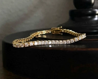 7'' Inch Long Tennis Wedding Bracelet 6 Carat Round Cut Solid 10K Yellow Gold - Image 1 of 4