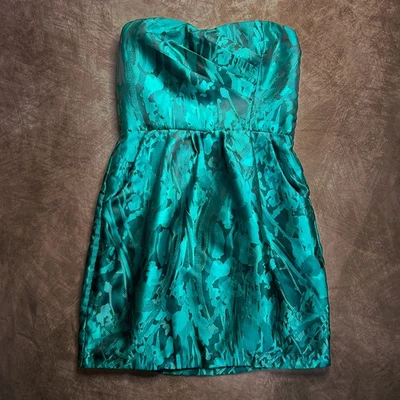 Trixxi Vintage Y2K Teal Satin Strapless Mini Dress Geometric Sweetheart Neckline - Image 1 of 4