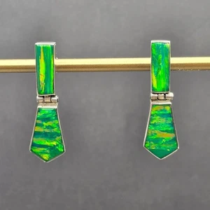 Mexican 950 Silver & Green Opal Drop Post Earrings Hinged Design - Picture 1 of 9