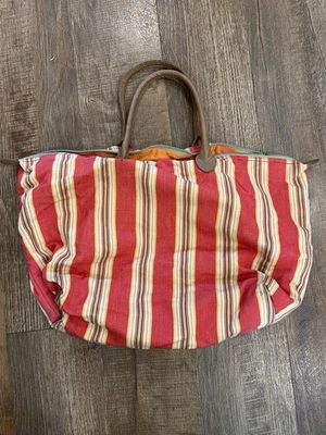 Bolso de Mano Nordstrom Etiqueta de Lona a Rayas con Asas de Cuero Marrón Foto 1 de 4