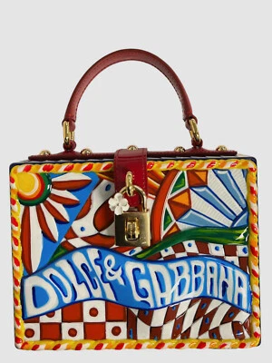 $10900 Dolce & Gabbana Women's Red Top Handle Leather Padlock Hand Paint Box Bag - Image 1 of 4