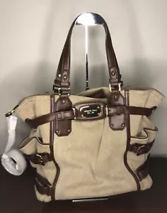 MICHAEL KORS Gansevoort Natural Hemp Canvas Mocha Brown Leather Shoulder Bag NWT - Picture 1 of 15