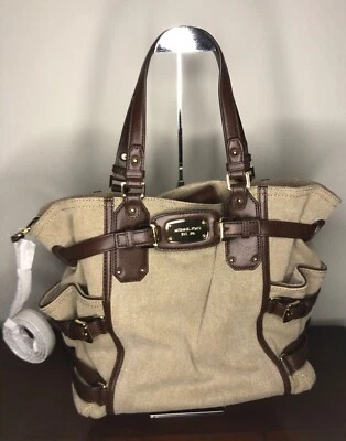 MICHAEL KORS Gansevoort 天然大麻帆布摩卡棕色皮革单肩包 全新带标签 — 第 1/4 张图片