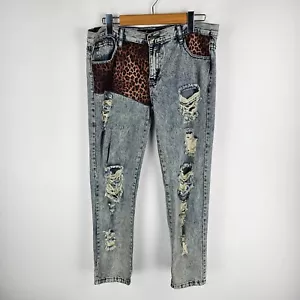 Bambam Jeans Women 12 Blue Denim Boyfriend Jeans Leopard Print Ripped Distressed - Picture 1 of 11