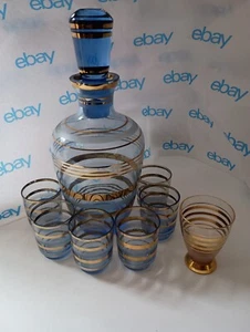 Vintage Gold Edge Glass Wine Decanter and Stopper & Glasses Mid Century 8" - Picture 1 of 12