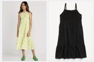 Old Navy Girls Knit Bodice Cami Dress Black Tiered Maxi Green Palm Medium - Picture 1 of 2