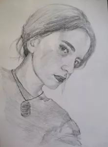 Original Pencil Portrait Drawing Young Girl Monochrome Black and White 8x12 inch - Picture 1 of 1