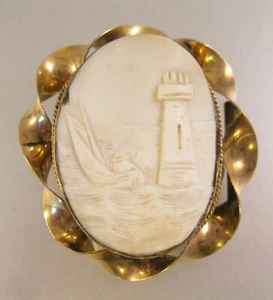 Victorian Antique Lighthouse & Boat Hand Carved Shell Cameo Gold Filled Brooch - Picture 1 of 11