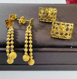 NEW Solid 22K 916 Real Gold Dangle Earring and Rectangle Earring 6.2g Two Set - Picture 1 of 24