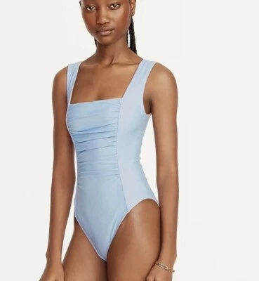 全新带标签 J Crew 女式泳装 22 (3X) 褶皱方领连体蓝色雾 BF179 — 第 1/4 张图片