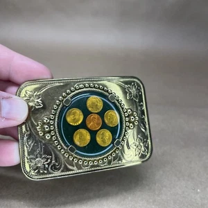 Vintage Belt Buckle Western Miniature Coin Inlay Goldtone Green - Picture 1 of 7