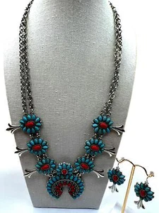 NEW Red And Blue Turquoise Floral Silver Tone Necklace And Earrings Jewelry Set - Picture 1 of 13