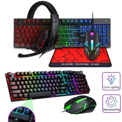 Wired Gaming Keyboard Mouse Headset RGB Backlit for Xbox One PS5 PS4 Laptop PC - Image 1 of 4