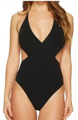 Maiô feminino Tory Burch 36528 preto envoltório halter cruzado peça única tamanho médio - Imagem 1 de 4