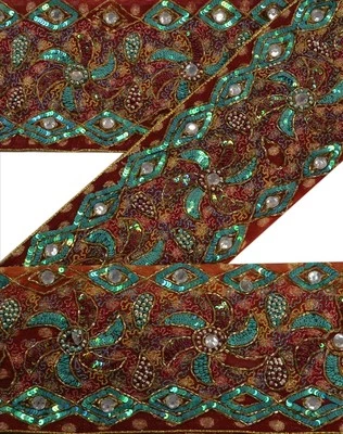 Sanskriti Vintage Sari Borde Cuentas a Mano Artesanal Borde Encaje 1 Yarda Lentejuelas Deco Granate Foto 1 de 4