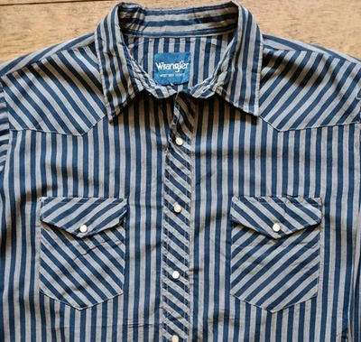 Mens Wrangler Navy/Grey Striped Western Long Sleeve Shirt - Size XL (UK XXL) - Image 1 of 4