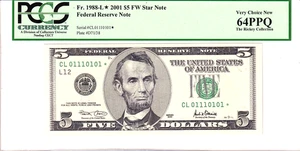 2001 $5 FRN STAR PCGS 64PPQ Fancy TRUE 0/1 BINARY Serial #CL01110101* - Picture 1 of 2