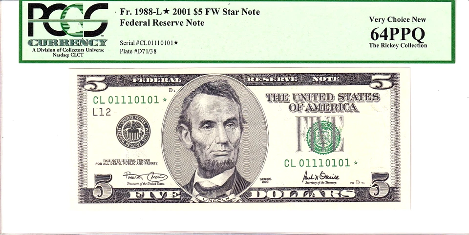2001 $5 FRN STAR PCGS 64PPQ Fancy TRUE 0/1 BINARY Serial #CL01110101* - Image 1 of 2