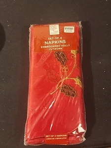 NEU Winter Wonderland bestickt Stechpalme Cutwork Weihnachten Servietten 4er Set - Bild 1 von 6