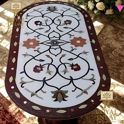 36"X22" Oval Marble Inlay Table – Handmade Floral Pietra Dura Top with Gemstones - Image 1 of 4