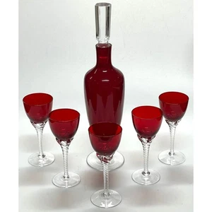Mid Century Modern Ruby Red Decanter & Twisted Stem Glasses - Picture 1 of 8