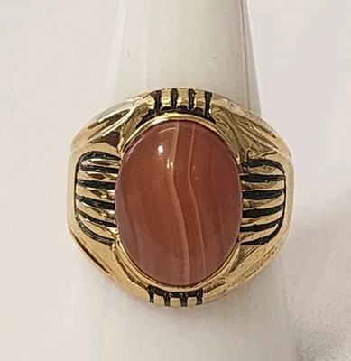 Anillo Hombre Tono Dorado Marrón Ágata Estilo Cabujón Ovalado Texturizado Talla 10 Foto 1 de 4