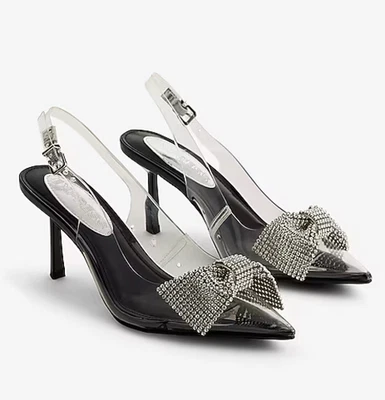 NUEVOS ZAPATOS DE SALÓN EXPRESS TACONES ALTOS CON LAZO DE IMITACIÓN TRANSPARENTE ADORNADO TALLA 7 Foto 1 de 4