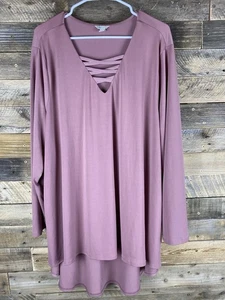 Cato Womens Plus Sz 22/24W Pink Long Sleeve Hi Lo Hem Top Criss Cross V-Neck - Picture 1 of 12