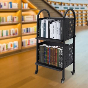 Library Book Cart W/Cutout Side Panels 2 Tier Rolling Book Cart Office Book Cart - Picture 1 of 12
