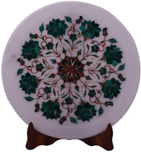 Plato de servir decorativo italiano de mármol blanco con incrustaciones de malaquita floral piedra - Imagen 1 de 9