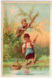 Victorian Trade Card Children Fishing River Playing Unbranded Mastai Collection - Picture 1 of 2
